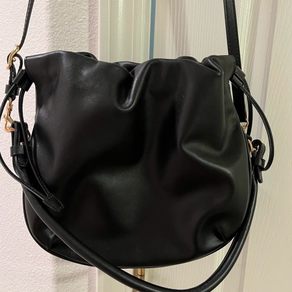 Rabeano Black Leather Slouchy Drawstring Bag